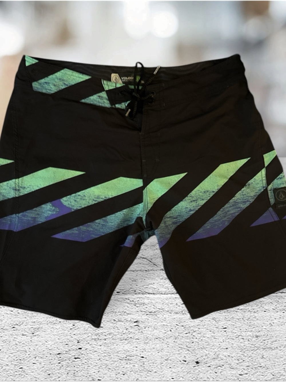 Volcom Men’s Black Swim Board Shorts with Green and Blue Stripes